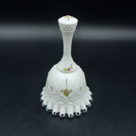 Fenton Glass Violets in Snow Spanish Lace Silver Crest Bell Artist Signed - Picture 1 of 6